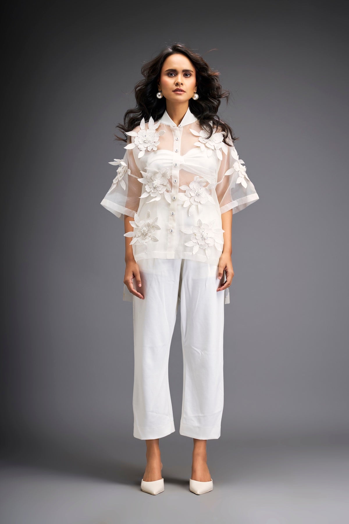 Floral Appliqué High-Low Sheer Top with Tube & Pants