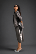 Load image into Gallery viewer, Relaxed Warm Grey Co-ord With Loose-fit Dramatic-sleeve Shirt And Wide-leg Pants With Metallic Side Panels.
