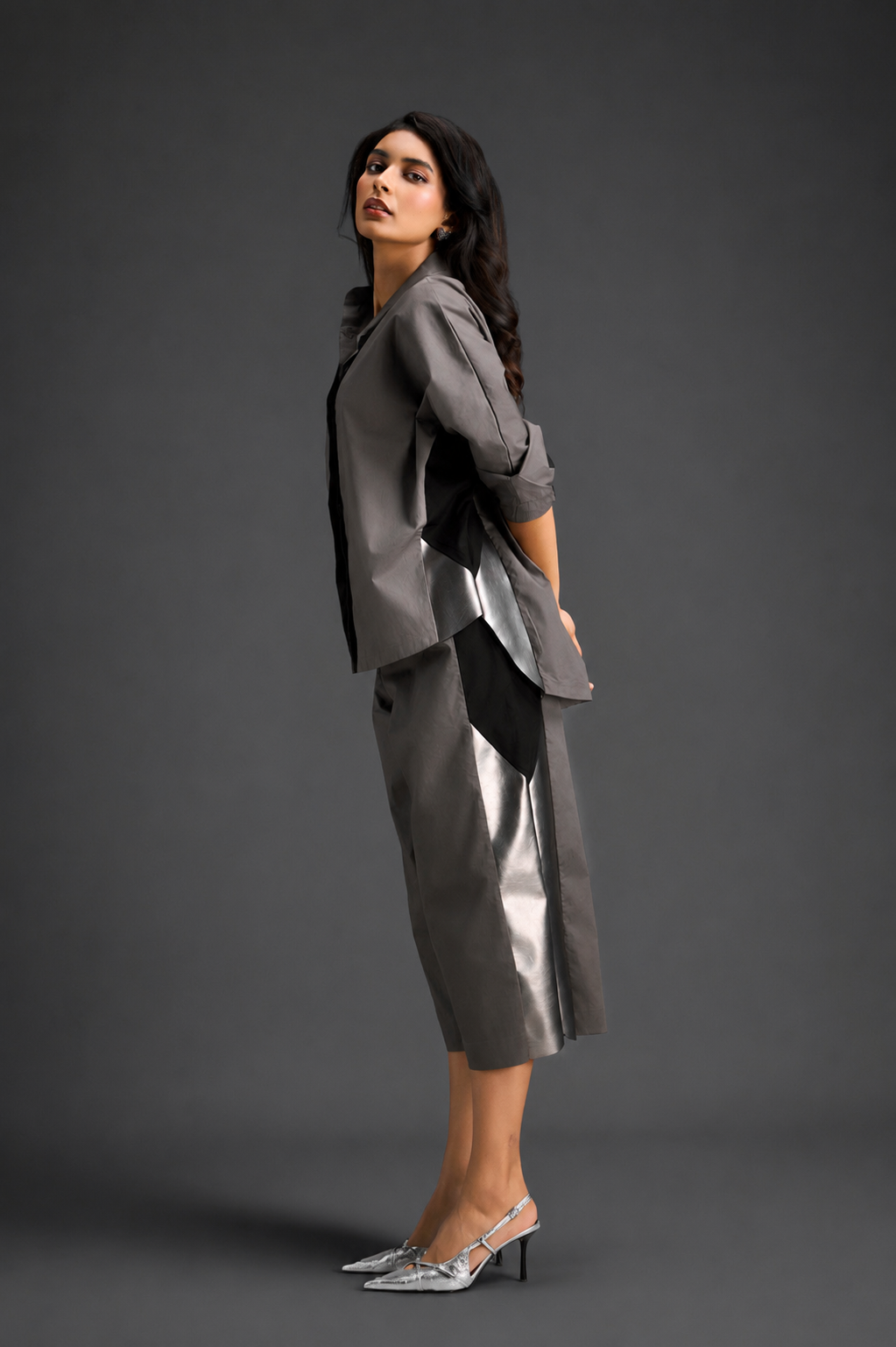 Relaxed Warm Grey Co-ord With Loose-fit Dramatic-sleeve Shirt And Wide-leg Pants With Metallic Side Panels.