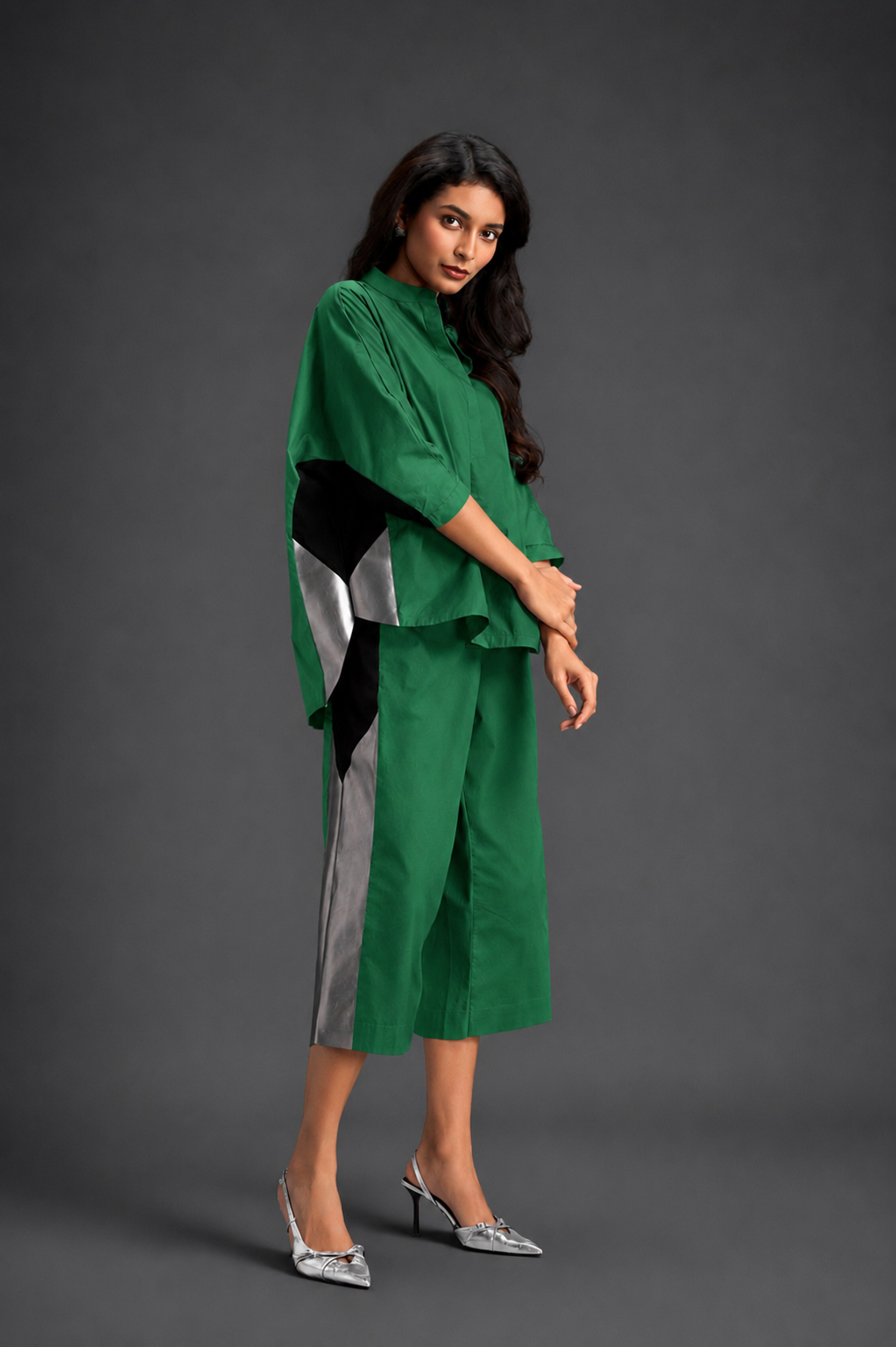 Relaxed Parrot Green Co-ord With Loose-fit Dramatic-sleeve Shirt And Wide-leg Pants With Metallic Side Panels.