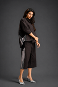 Load image into Gallery viewer, Relaxed Dark Brown Co-ord With Loose-fit Dramatic-sleeve Shirt And Wide-leg Pants With Metallic Side Panels.

