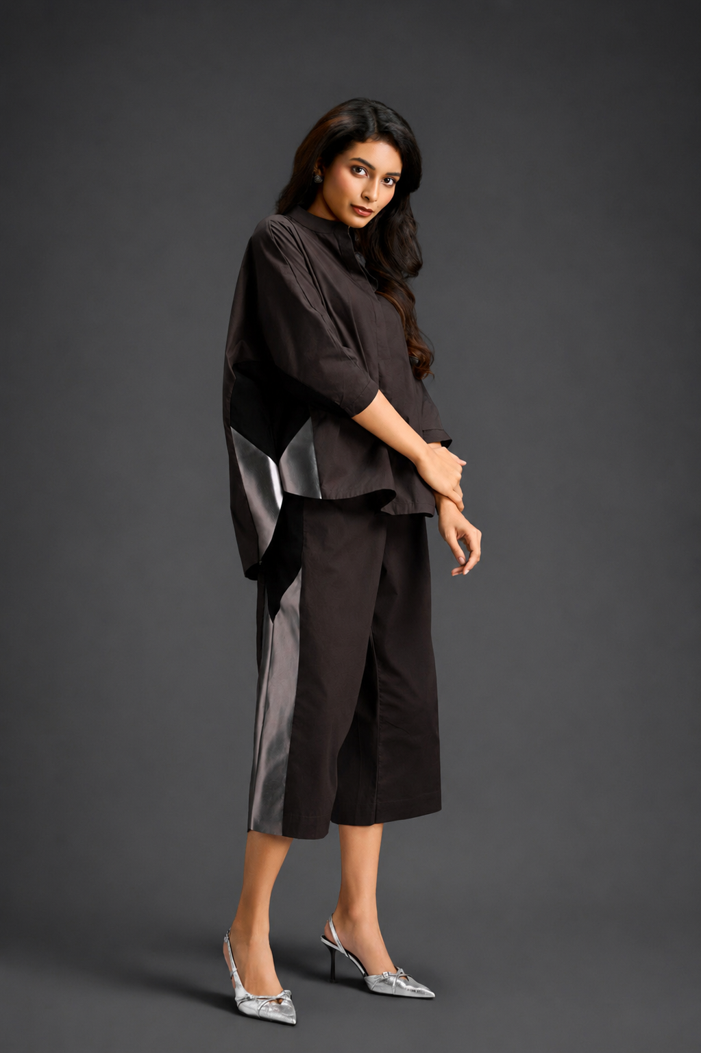 Relaxed Dark Brown Co-ord With Loose-fit Dramatic-sleeve Shirt And Wide-leg Pants With Metallic Side Panels.