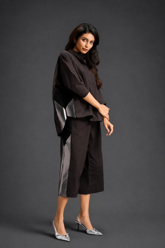 Relaxed Dark Brown Co-ord With Loose-fit Dramatic-sleeve Shirt And Wide-leg Pants With Metallic Side Panels.