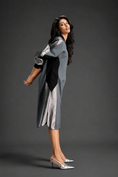 Load image into Gallery viewer, Statement Colourblock Midi Dress In Cool Grey With Contrast Metallic Silver Side Panels And Balloon Sleeves
