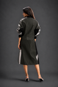 Load image into Gallery viewer, Statement Colourblock Midi Dress In Dark Green With Contrast Metallic Silver Side Panels And Balloon Sleeves
