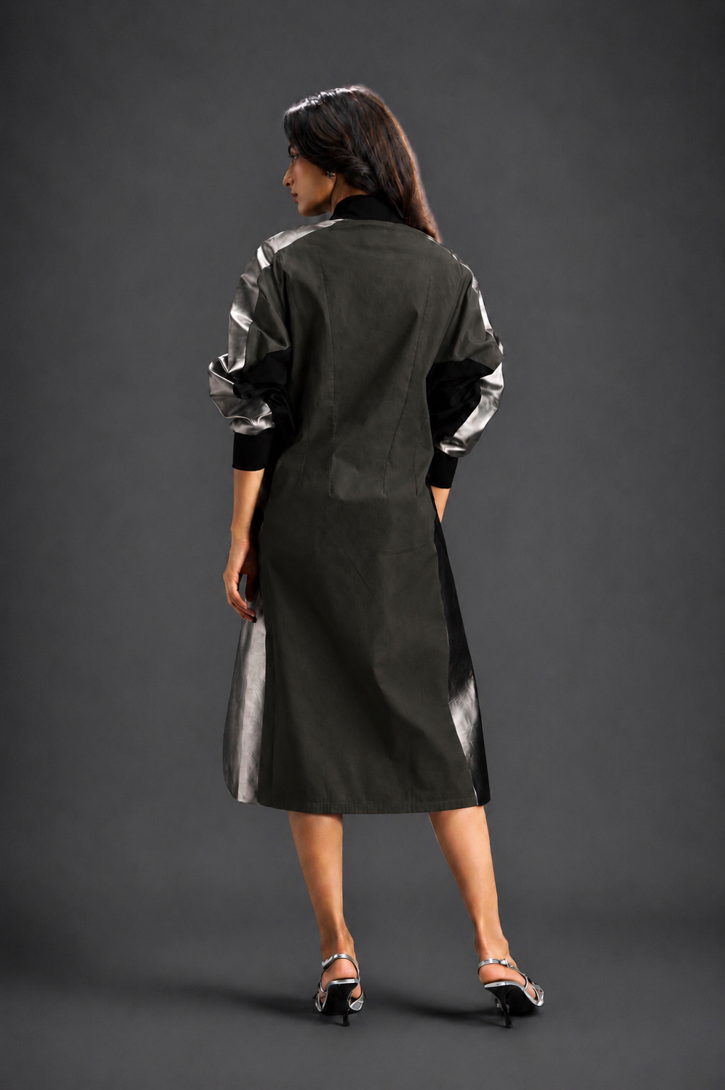 Statement Colourblock Midi Dress In Dark Green With Contrast Metallic Silver Side Panels And Balloon Sleeves