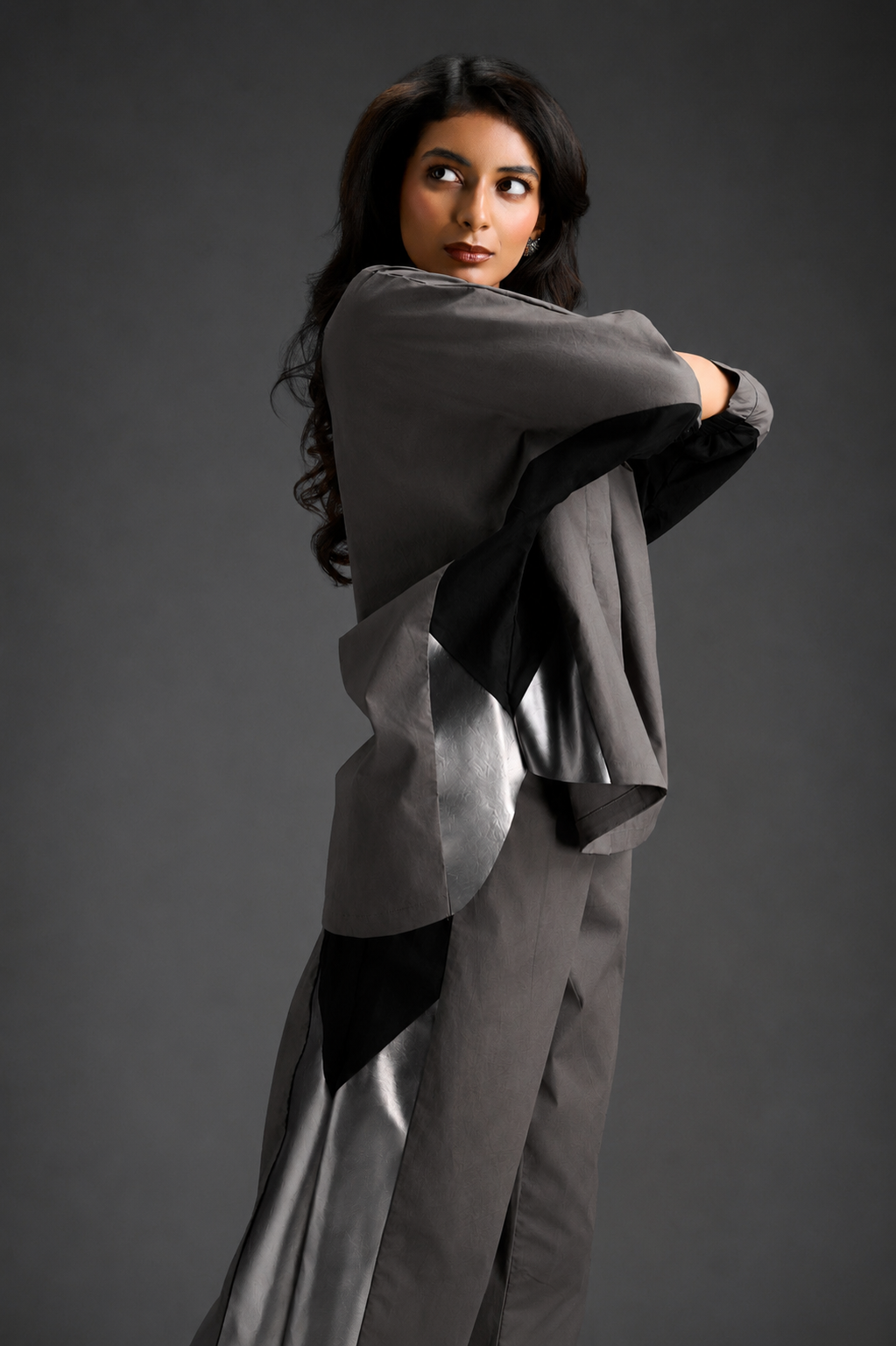 Relaxed Warm Grey Co-ord With Loose-fit Dramatic-sleeve Shirt And Wide-leg Pants With Metallic Side Panels.