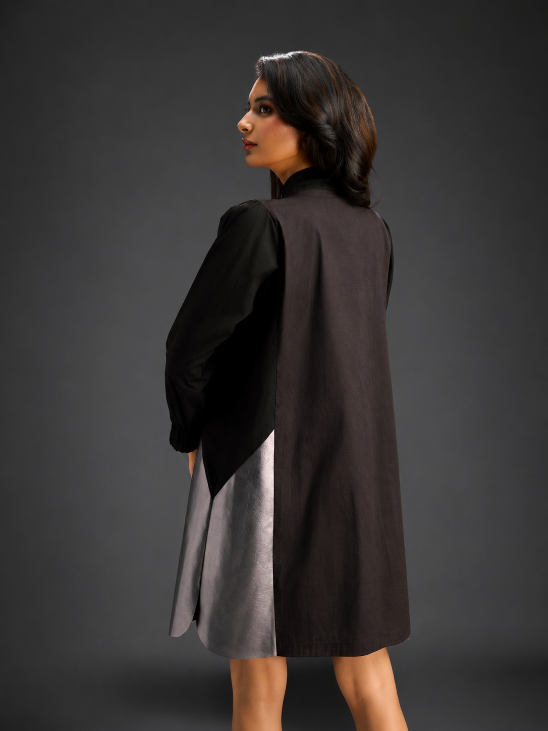 Colourblock Tunic Dress In Dark Brown And Black With Metallic Silver Side Panels