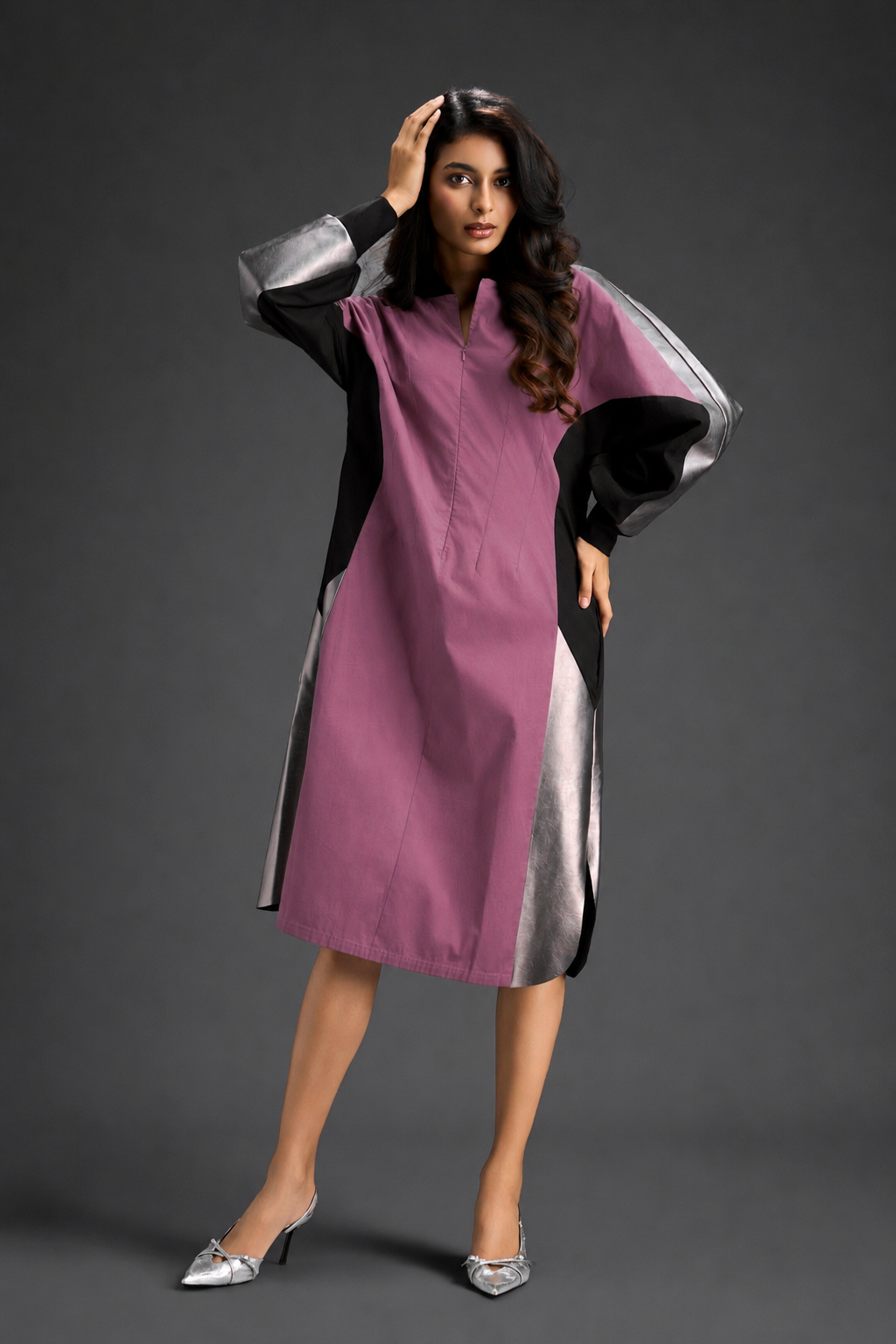 Statement Colourblock Midi Dress In Pink With Contrast Metallic Silver Side Panels And Balloon Sleeves