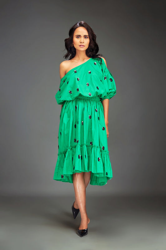 Green One-Shoulder Midi Dress with Puff Sleeve