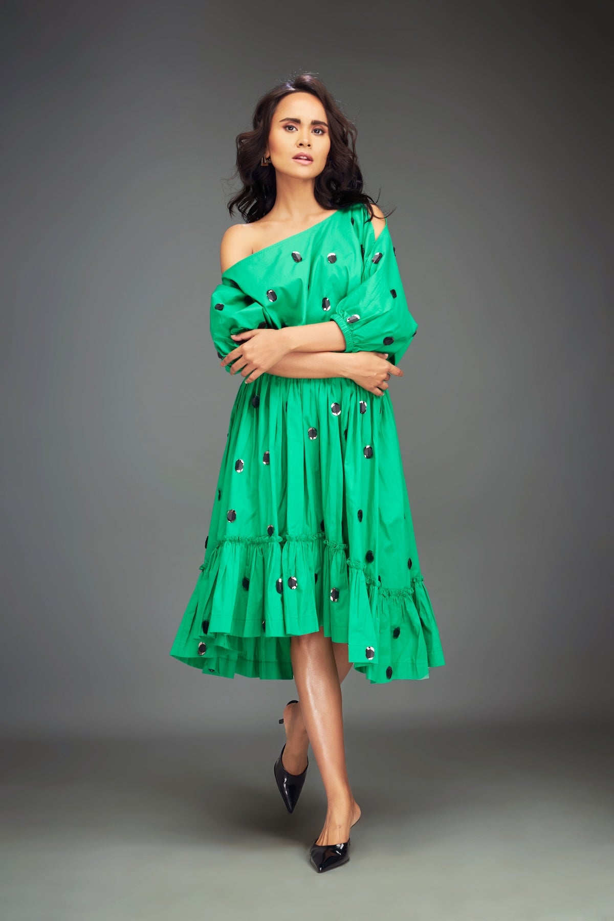 Green One-Shoulder Midi Dress with Puff Sleeve – Deepika Arora