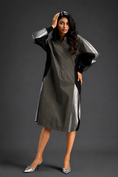 Load image into Gallery viewer, Statement Colourblock Midi Dress In Warm Grey With Contrast Metallic Silver Side Panels And Balloon Sleeves
