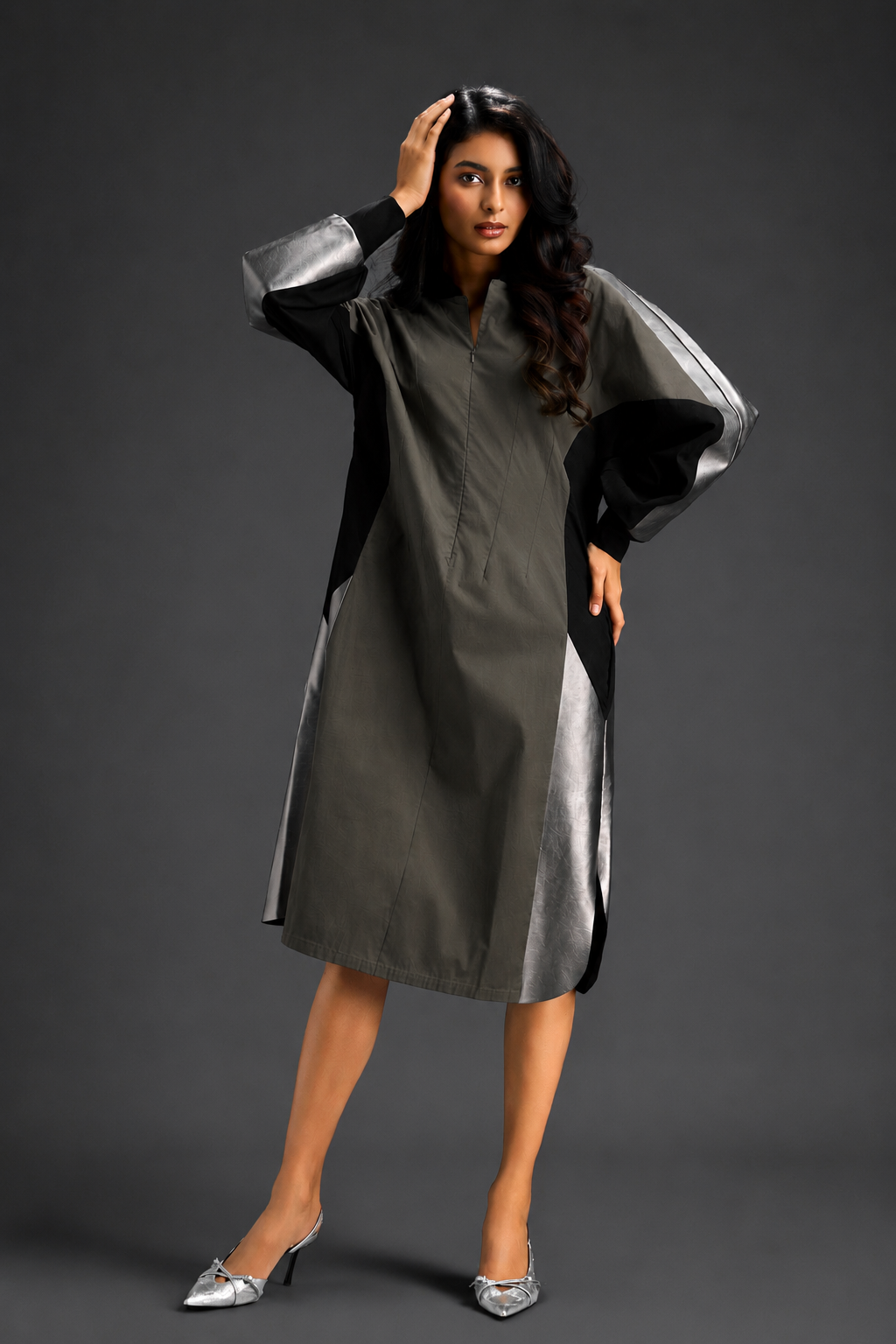 Statement Colourblock Midi Dress In Warm Grey With Contrast Metallic Silver Side Panels And Balloon Sleeves