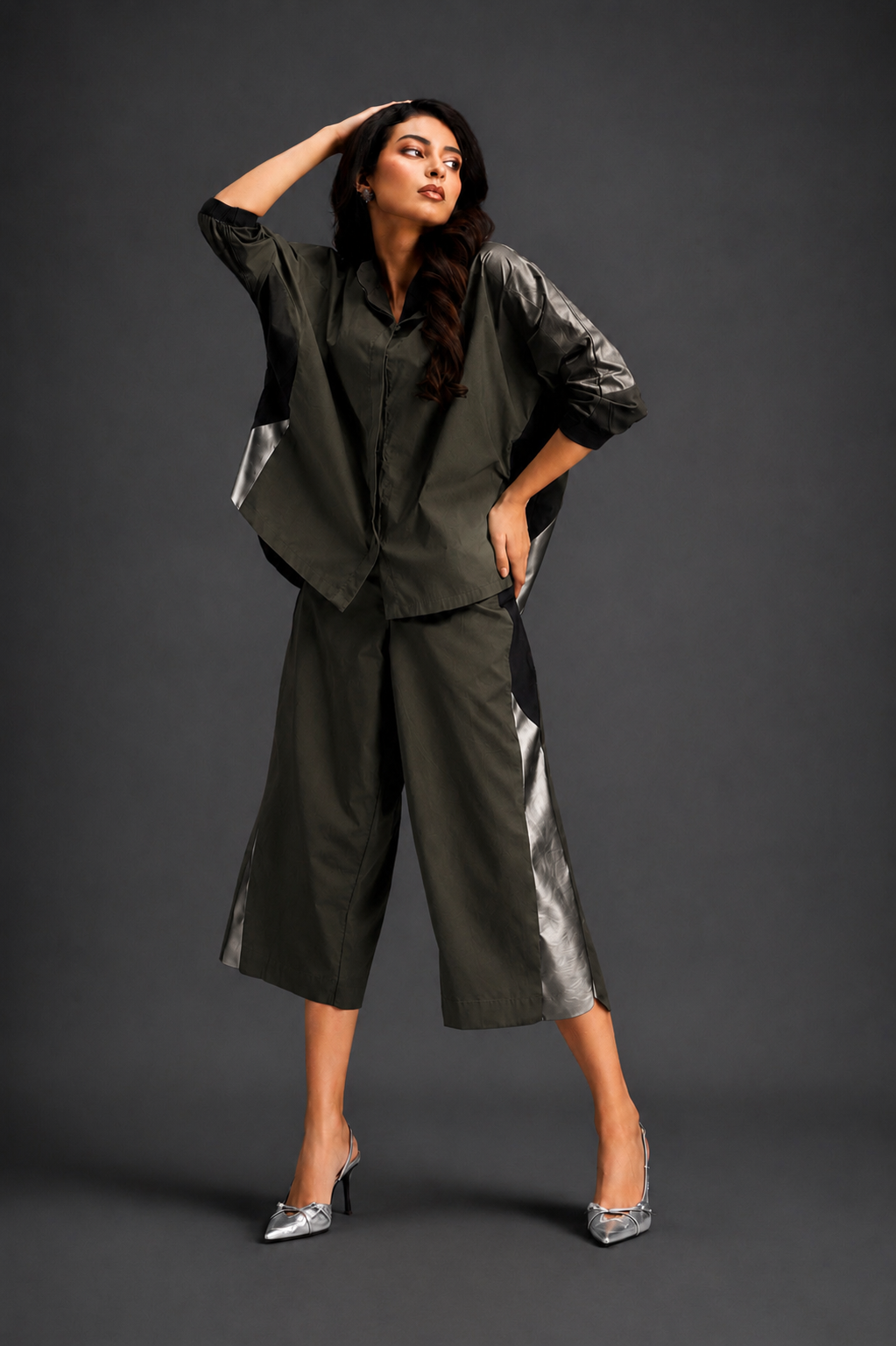 Relaxed Dark Green Co-ord With Loose-fit Dramatic-sleeve Shirt And Wide-leg Pants With Metallic Side Panels.