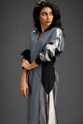 Load image into Gallery viewer, Statement Colourblock Midi Dress In Cool Grey With Contrast Metallic Silver Side Panels And Balloon Sleeves
