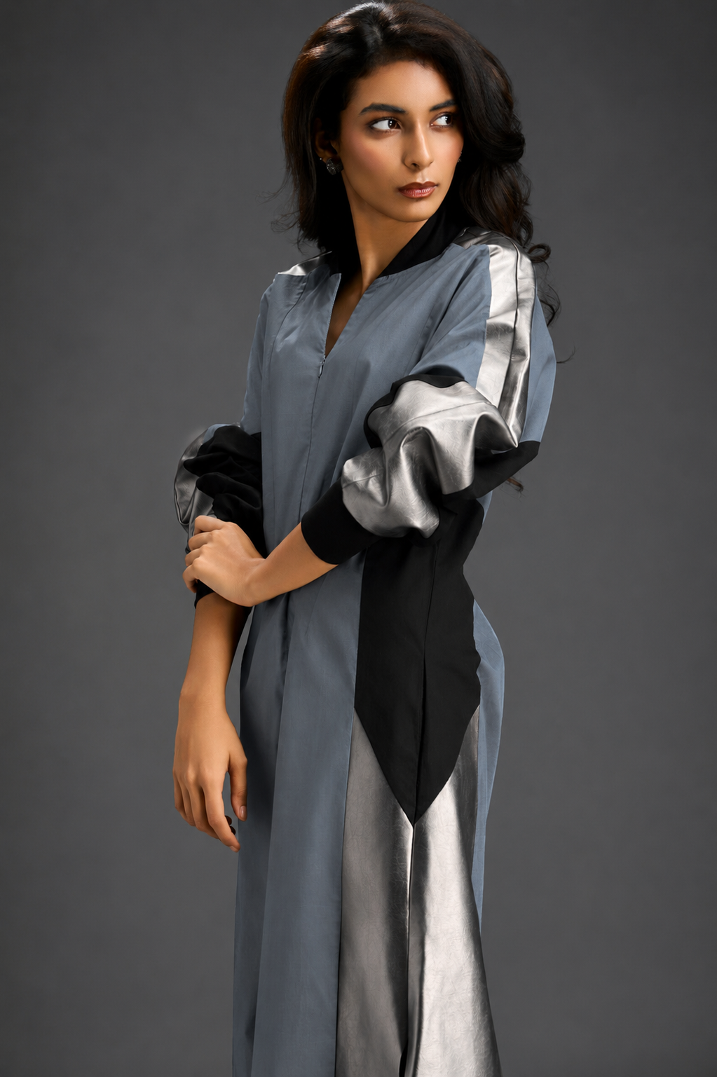 Statement Colourblock Midi Dress In Cool Grey With Contrast Metallic Silver Side Panels And Balloon Sleeves