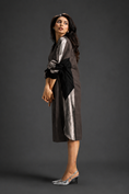 Load image into Gallery viewer, Statement Colourblock Midi Dress In Dark Brown With Contrast Metallic Silver Side Panels And Balloon Sleeves

