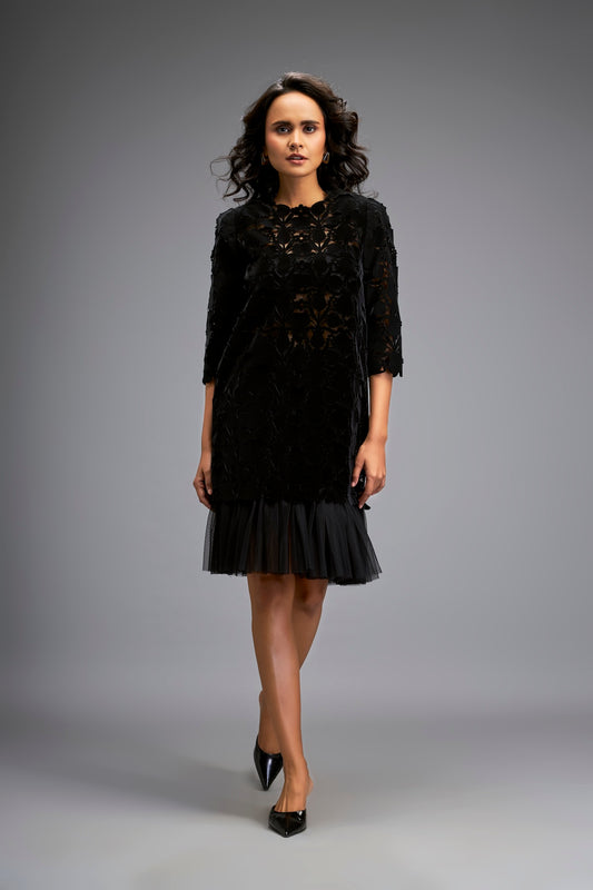 Floral-Cut Velvet Shift Dress with Sheer Hemline