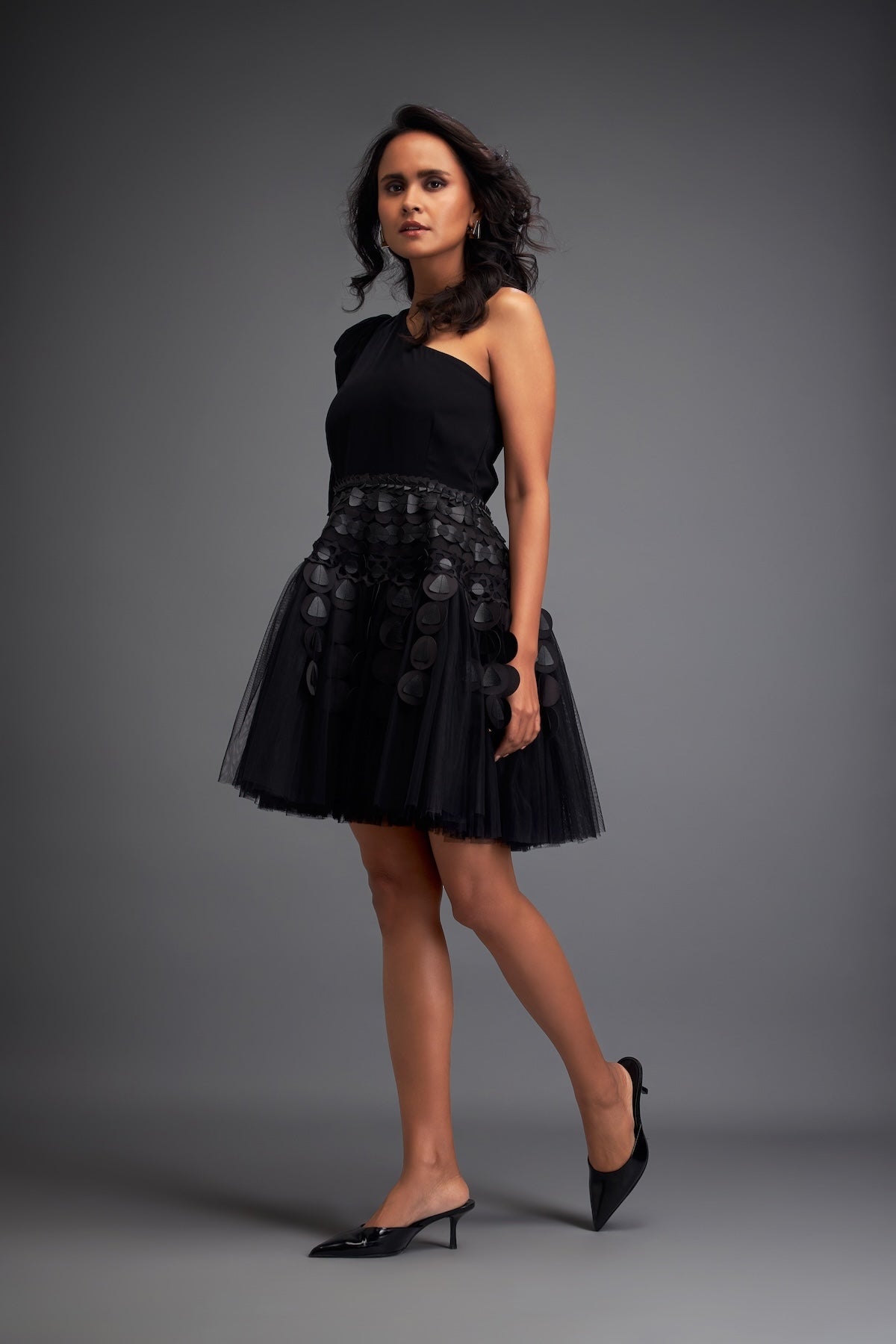 One-Shoulder Tulle Dress with 3D Embellishments – Deepika Arora