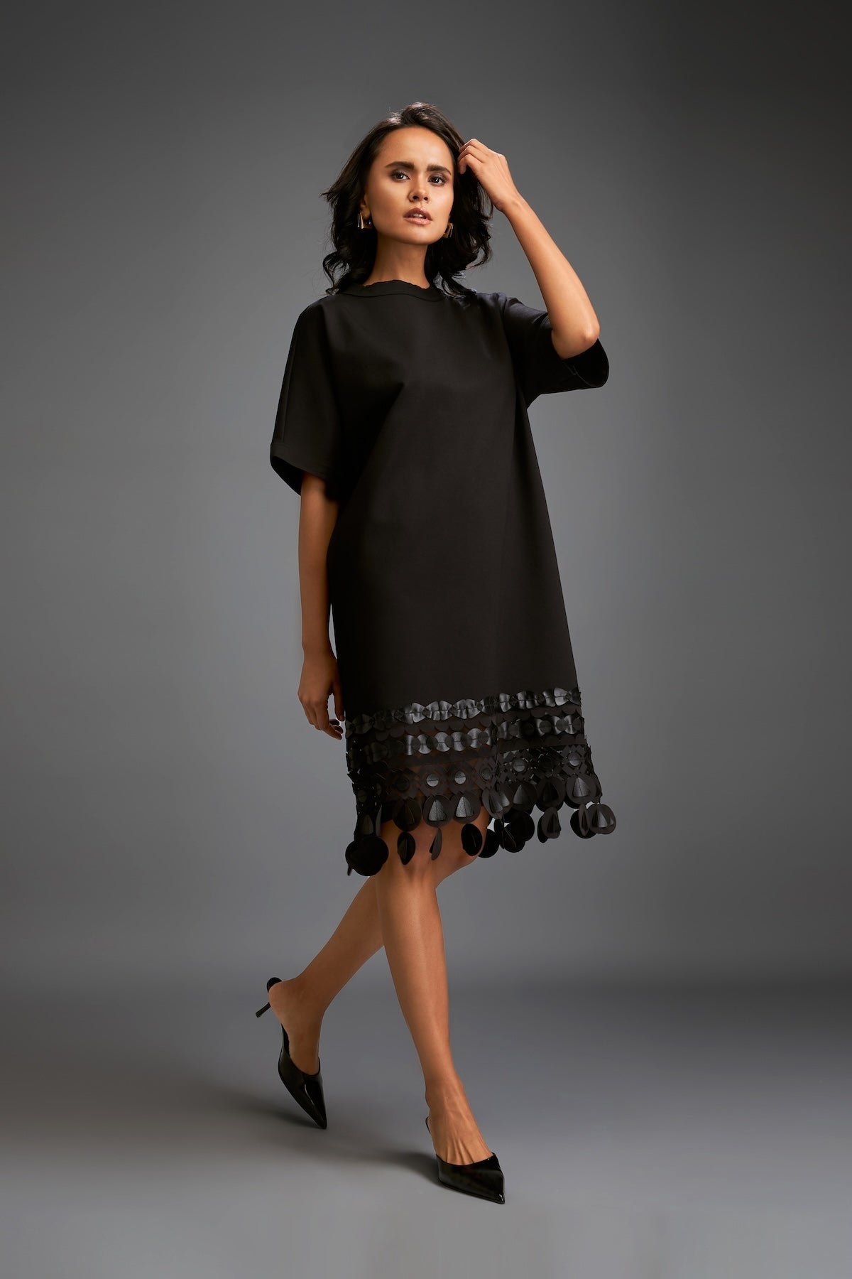 Black Shift Dress with Circular Cutout Hem