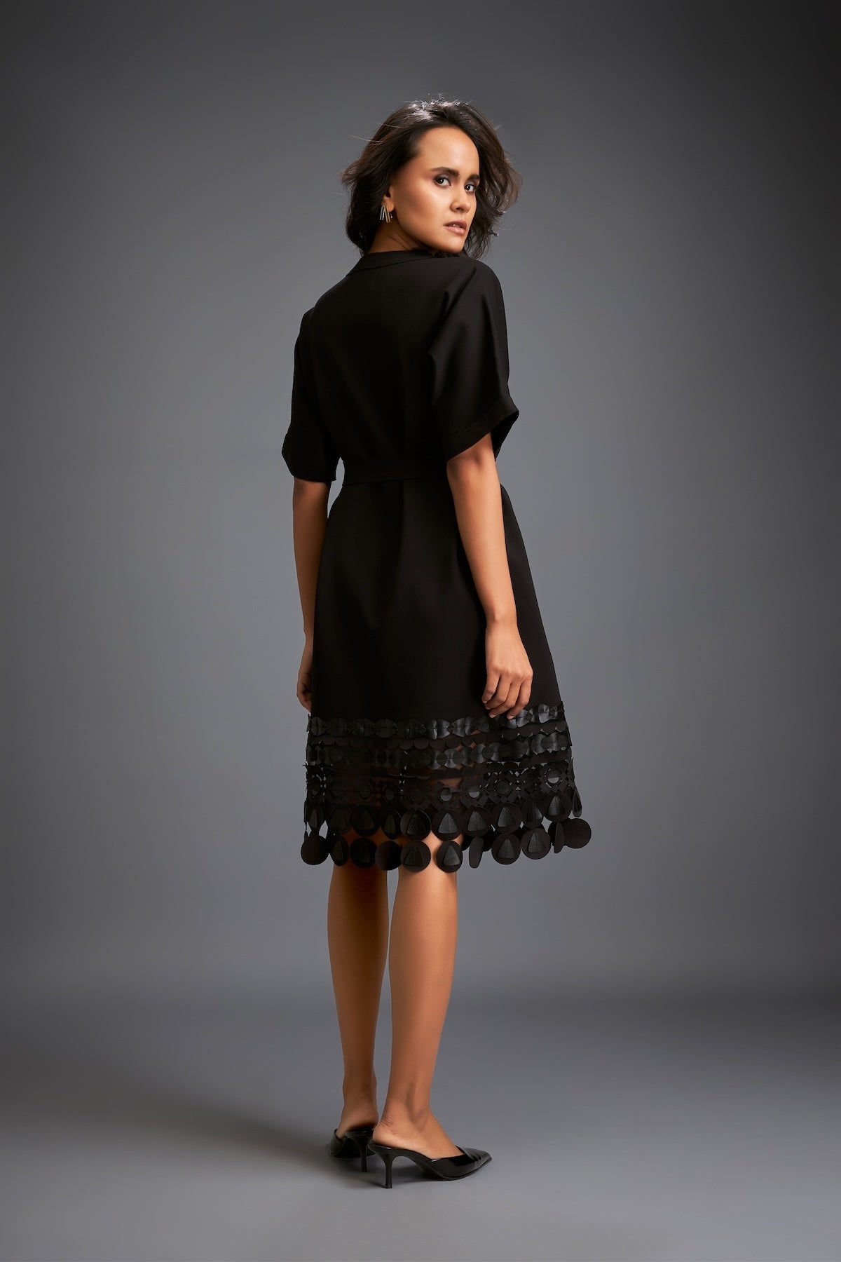 Black Shift Dress with Circular Cutout Hem