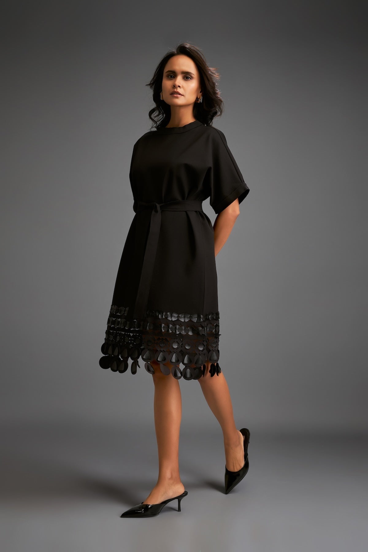 Black Shift Dress with Circular Cutout Hem