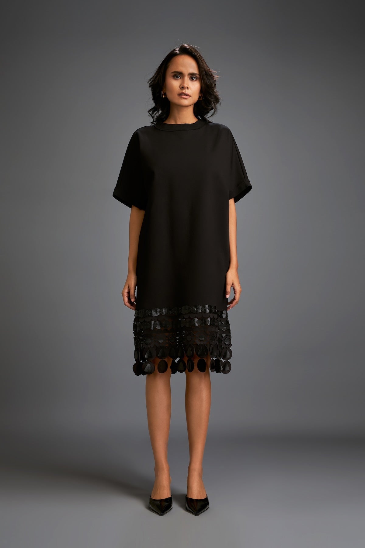 Black Shift Dress with Circular Cutout Hem