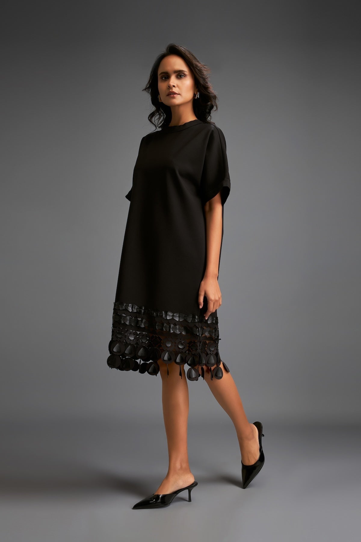 Black Shift Dress with Circular Cutout Hem