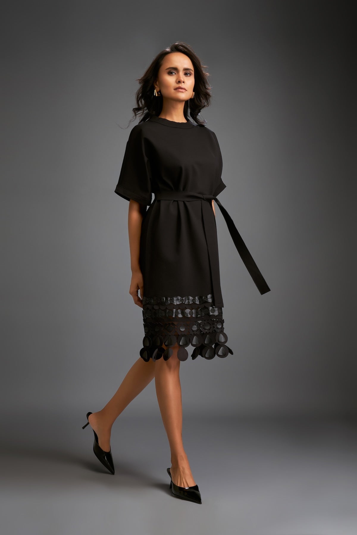 Black Shift Dress with Circular Cutout Hem