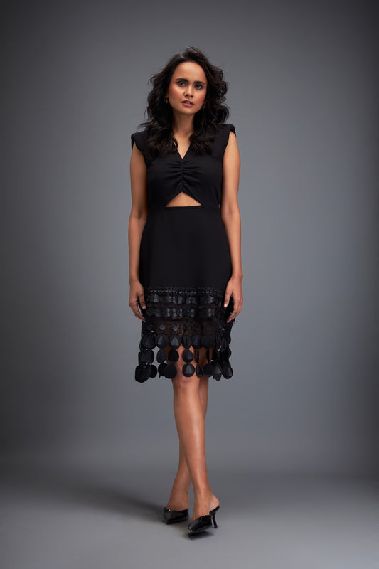 Black Drop Shoulder Dress with Flared Skirt