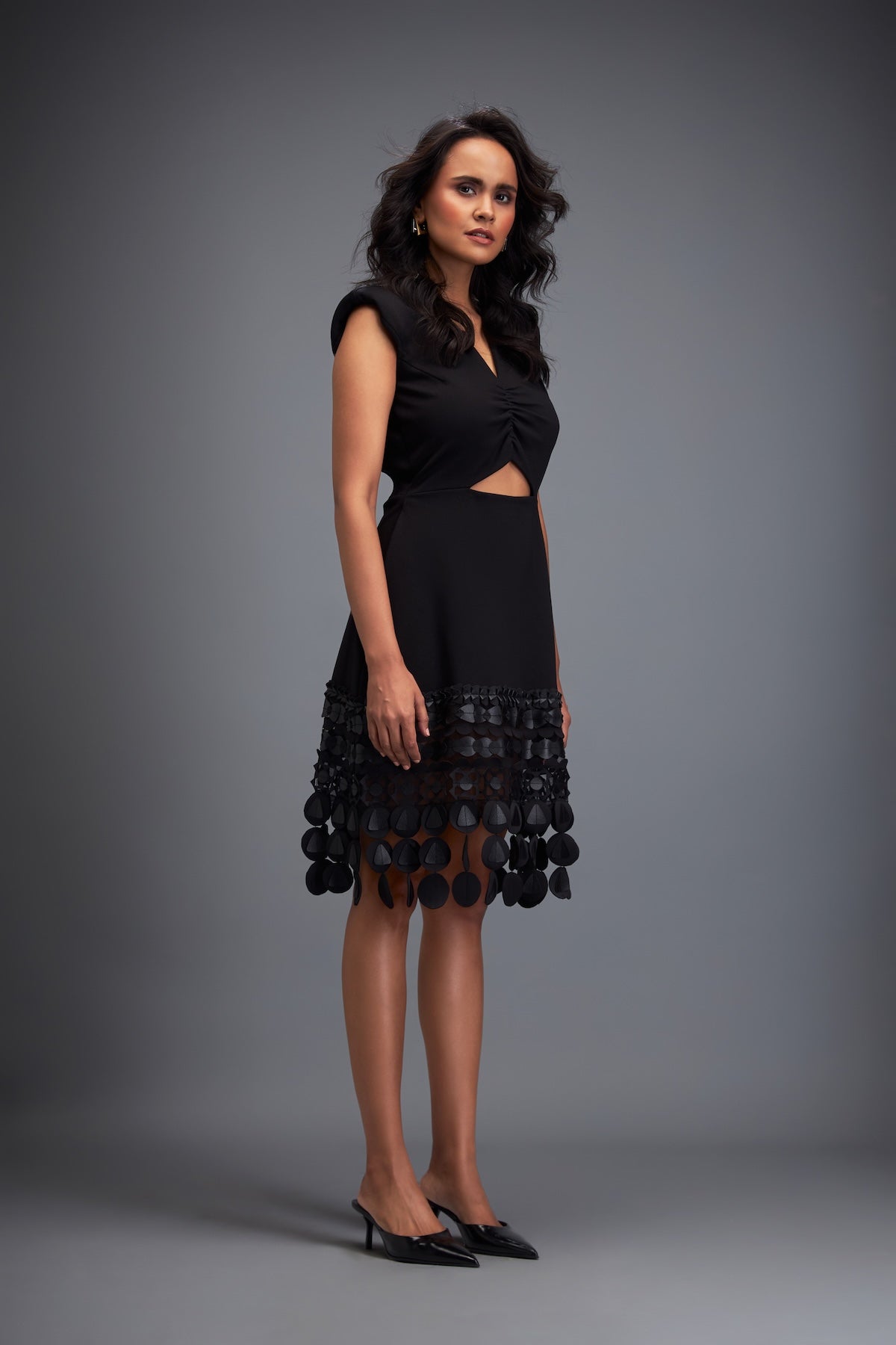 Black Drop Shoulder Dress with Flared Skirt