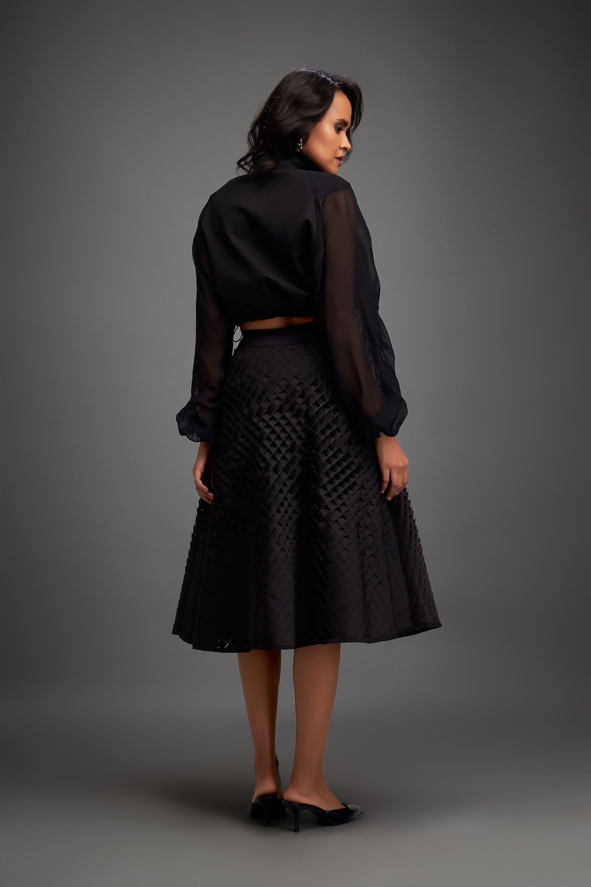 Cropped Jacket and 3D Textured A-Line Skirt Ensemble