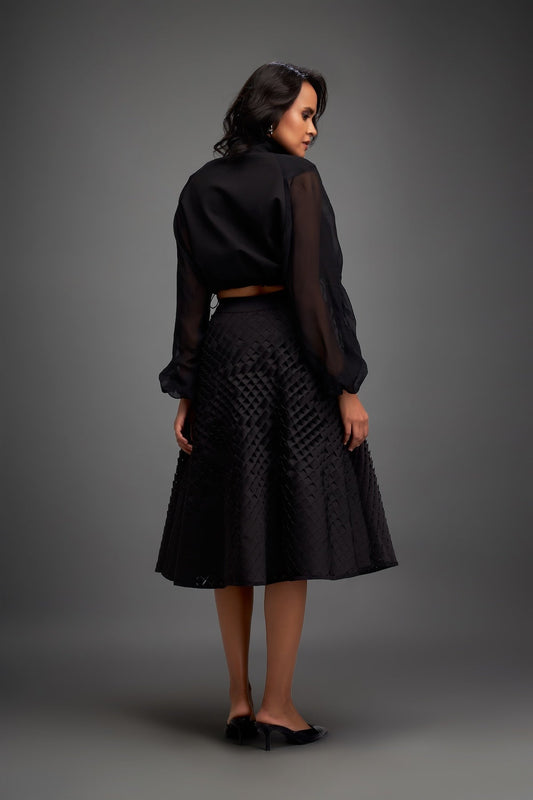Cropped Jacket and 3D Textured A-Line Skirt Ensemble