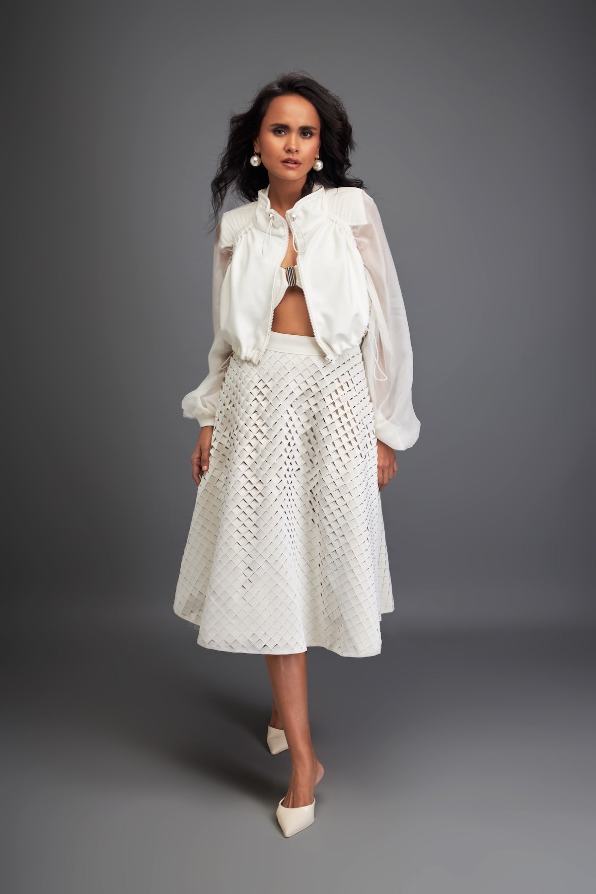 Cropped Jacket and 3D Textured A-Line Skirt Ensemble