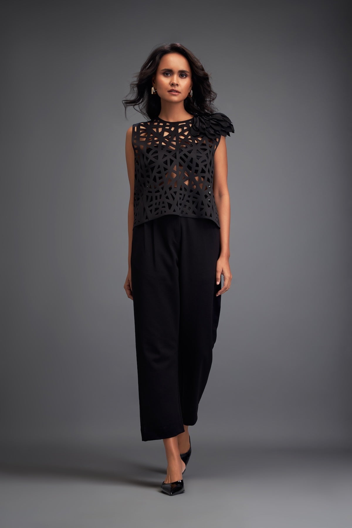 Geometric Cutout Crop Top with Floral Shoulder and Pants