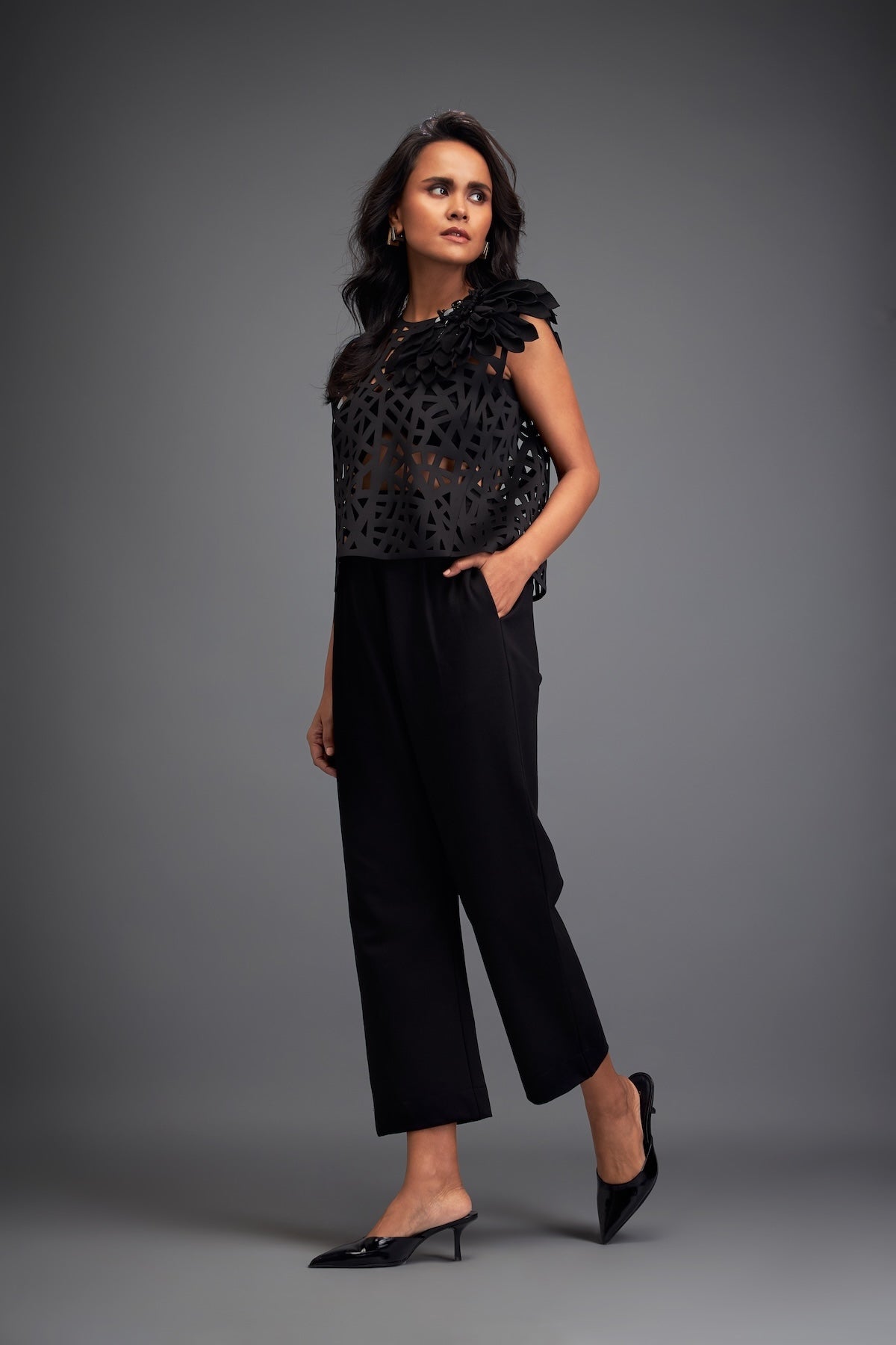 Geometric Cutout Crop Top with Floral Shoulder and Pants