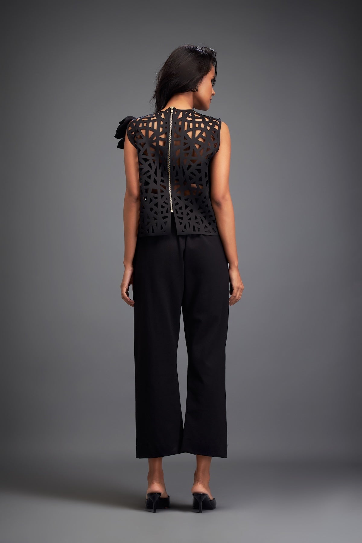 Geometric Cutout Crop Top with Floral Shoulder and Pants