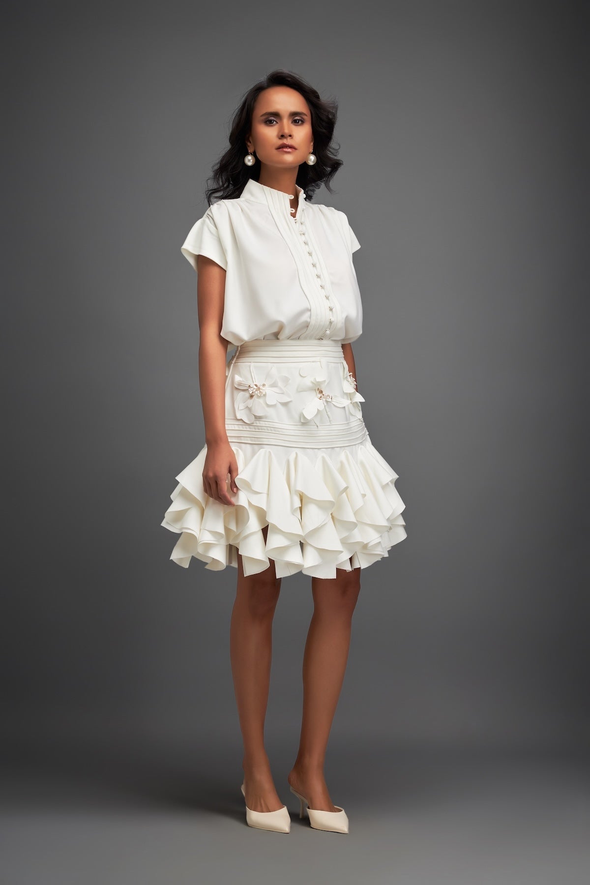 Ruffled Skirt and Structured Blouse with Floral Embroidery