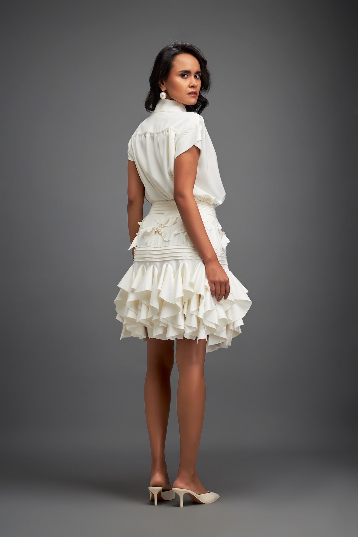 Ruffled Skirt and Structured Blouse with Floral Embroidery