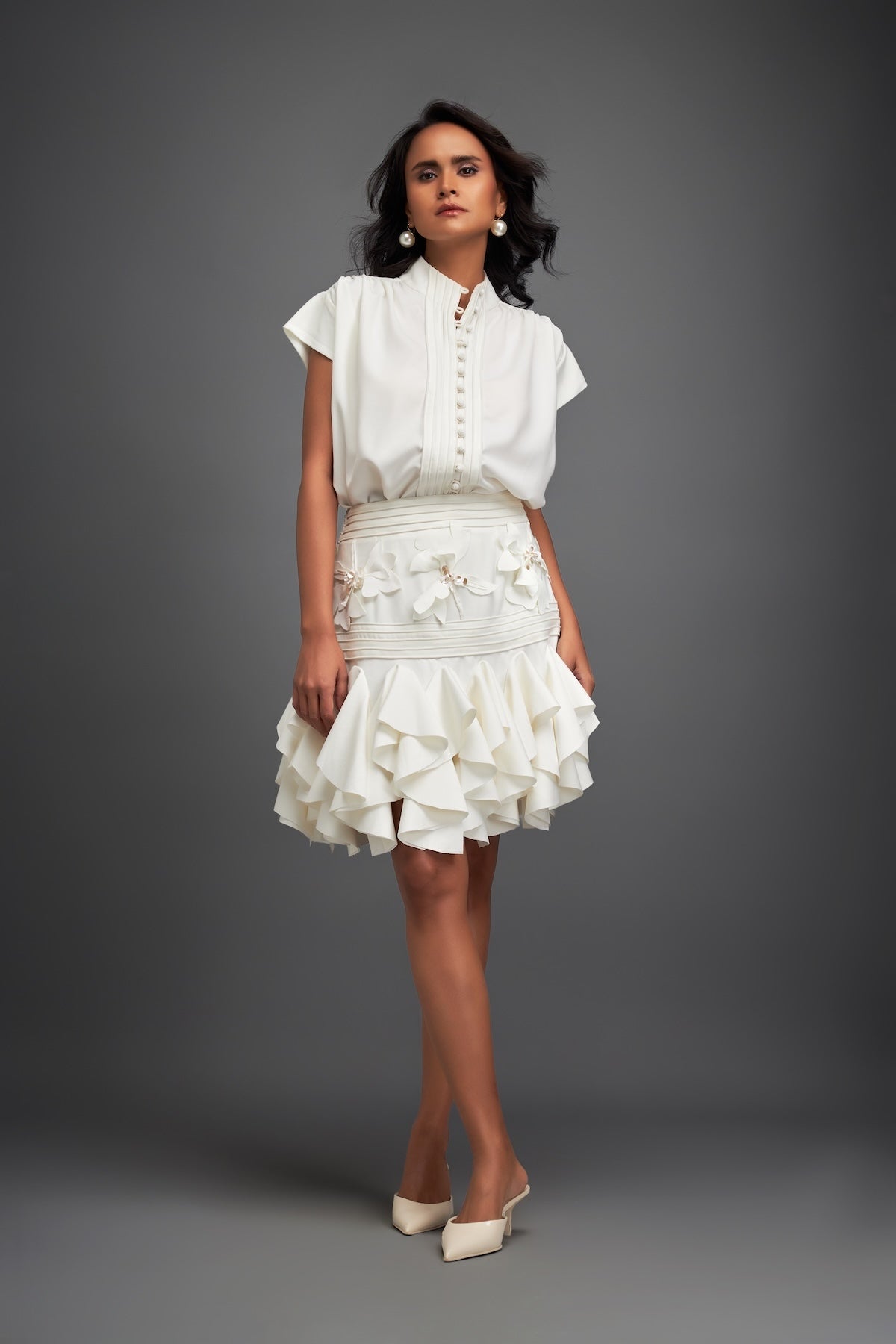 Ruffled Skirt and Structured Blouse with Floral Embroidery