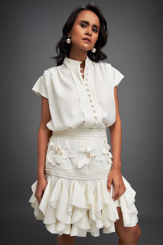 Ruffled Skirt and Structured Blouse with Floral Embroidery