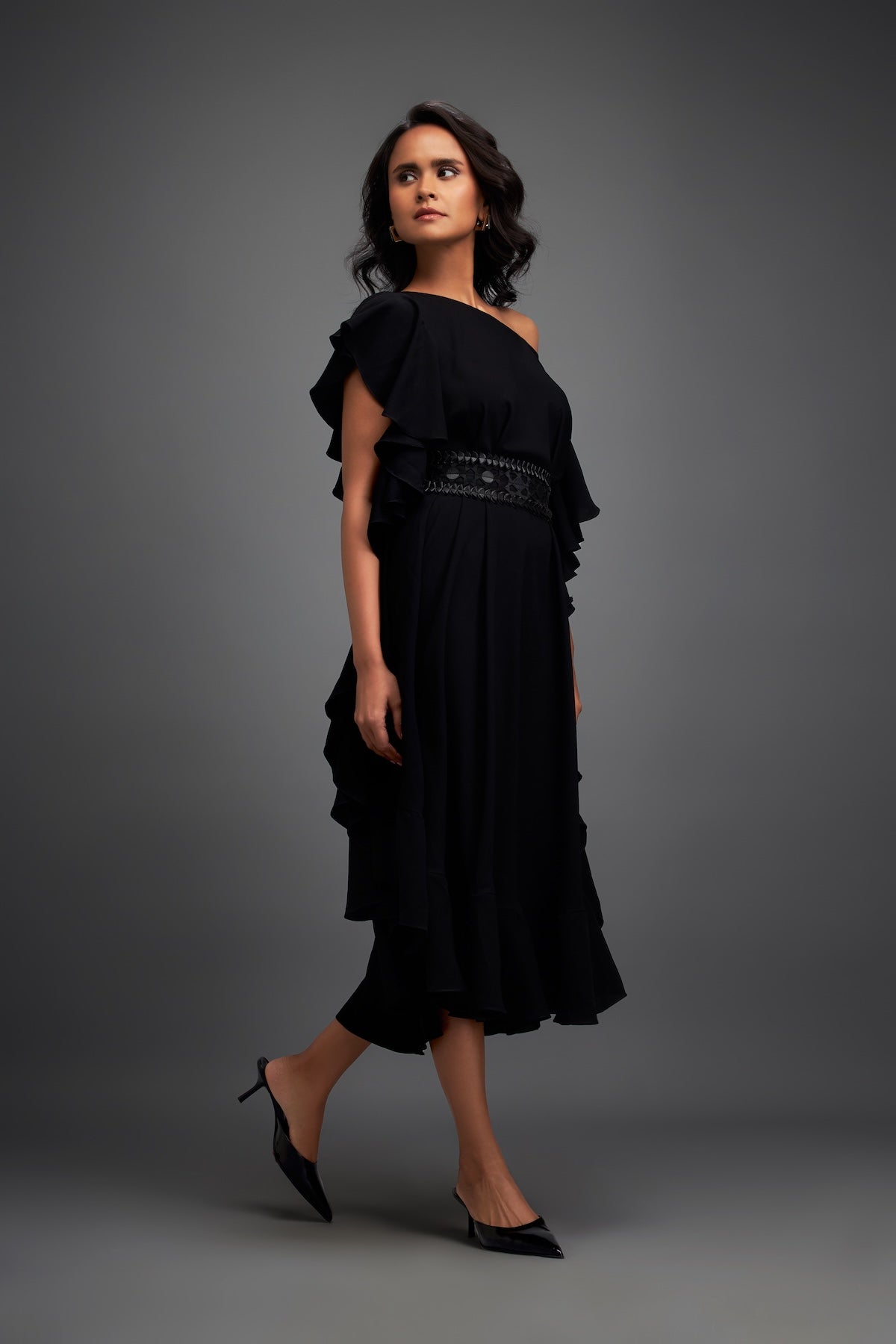 black asymmetrical off the shoulder dress Asymmetrical Off-Shoulder Dress with Textured Belt – Deepika Arora