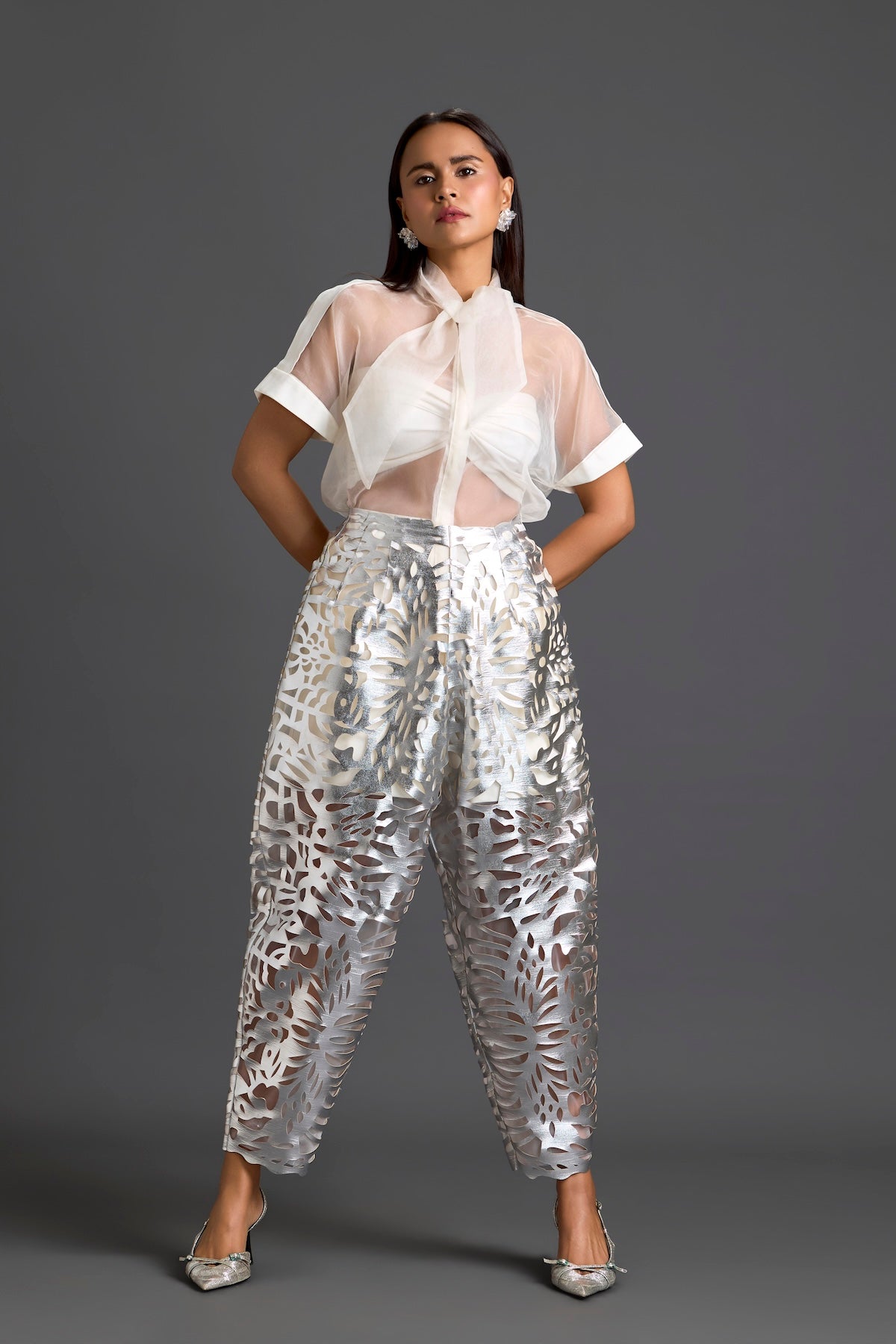 White Sheer Top and Silver Laser-Cut Tapered Pants Set