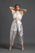 Load image into Gallery viewer, White Sheer Top and Silver Laser-Cut Tapered Pants Set
