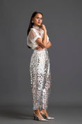 Load image into Gallery viewer, White Sheer Top and Silver Laser-Cut Tapered Pants Set
