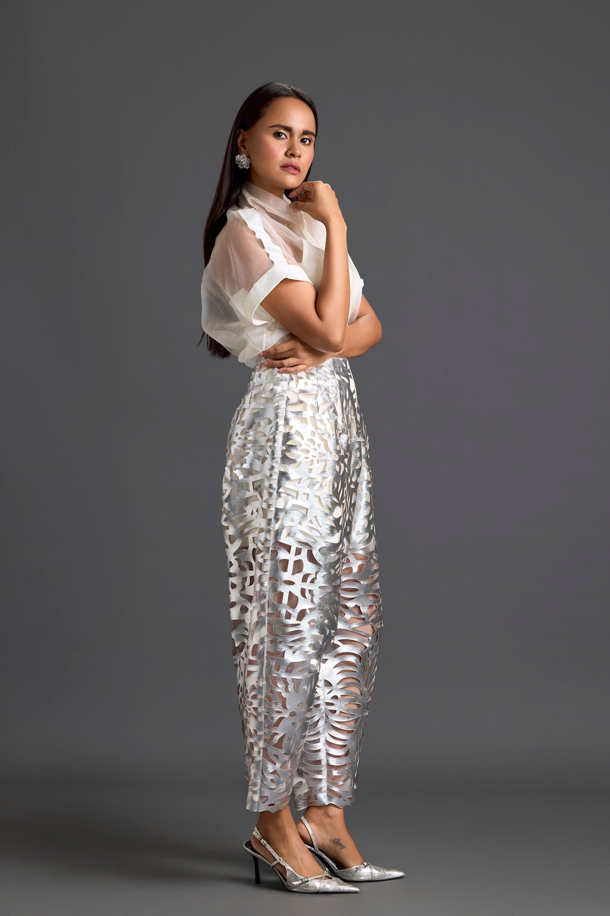 White Sheer Top and Silver Laser-Cut Tapered Pants Set