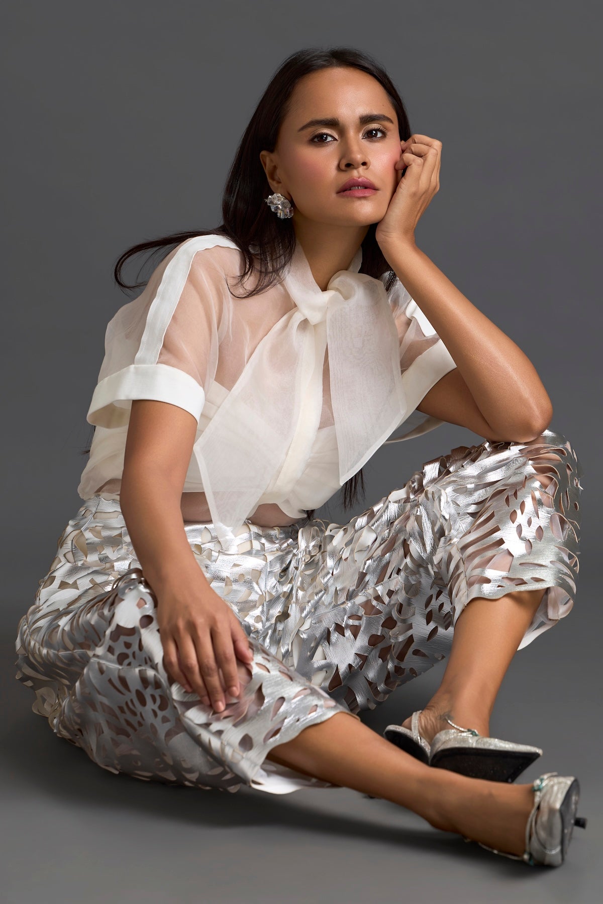 White Sheer Top and Silver Laser-Cut Tapered Pants Set