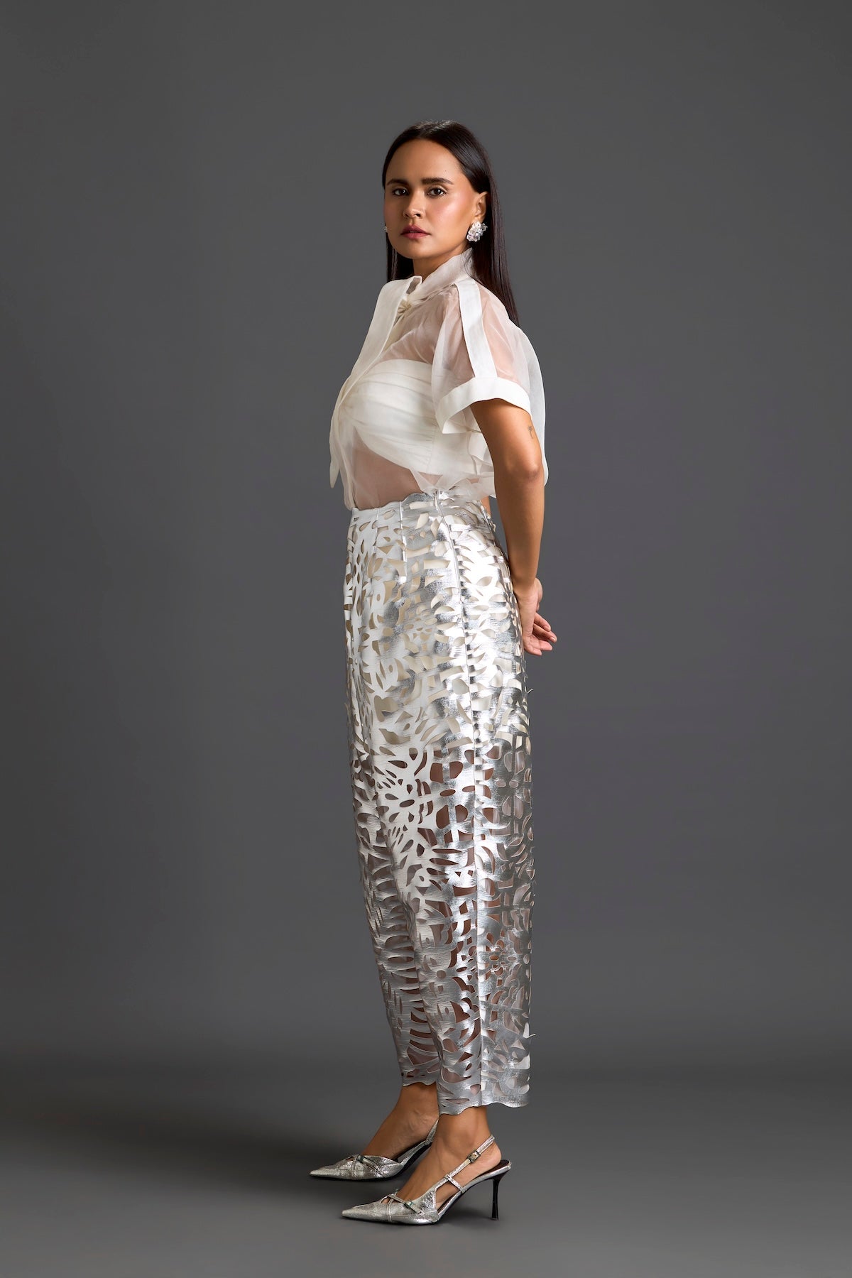 White Sheer Top and Silver Laser-Cut Tapered Pants Set