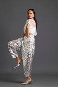 Load image into Gallery viewer, White Sheer Top and Silver Laser-Cut Tapered Pants Set
