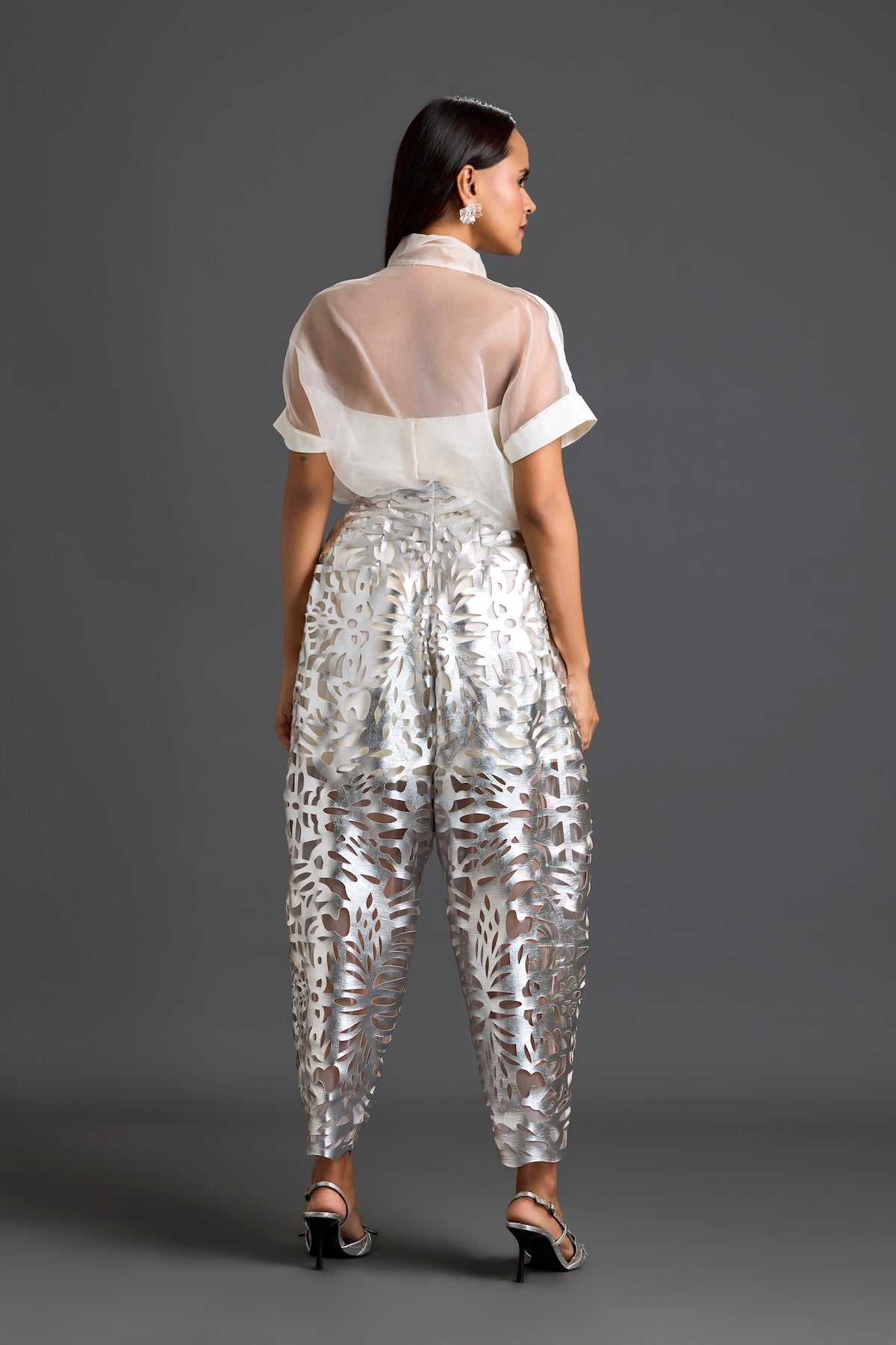 White Sheer Top and Silver Laser-Cut Tapered Pants Set